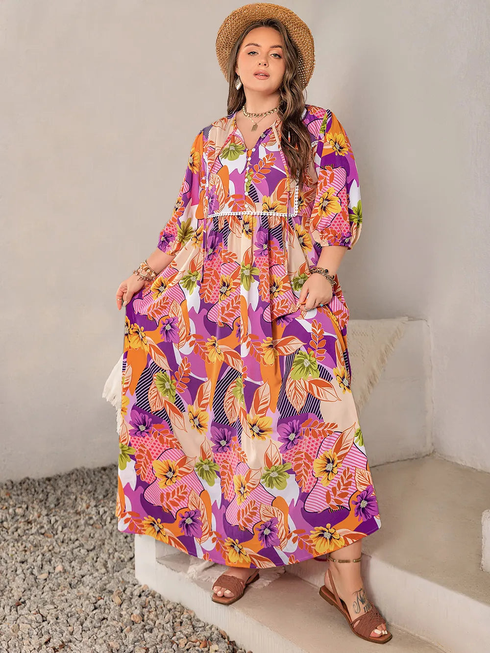 Plus Size Printed Tie Neck Maxi Dress - Premium Dresses from Trendsi - Just $46.99! Shop now at Handbags Specialist Headquarter