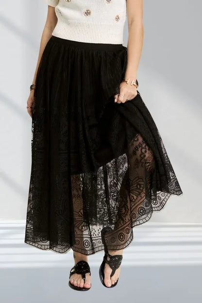 ADORA Elastic Waist Raw Hem Lace Maxi Skirt - Premium Skirts from Trendsi - Just $36.99! Shop now at Handbags Specialist Headquarter