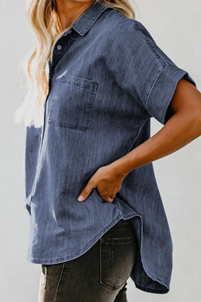 Pocketed Button Up Short Sleeve Denim Shirt - Premium Women / Jeans & Denim from Trendsi - Just $37! Shop now at Handbags Specialist Headquarter