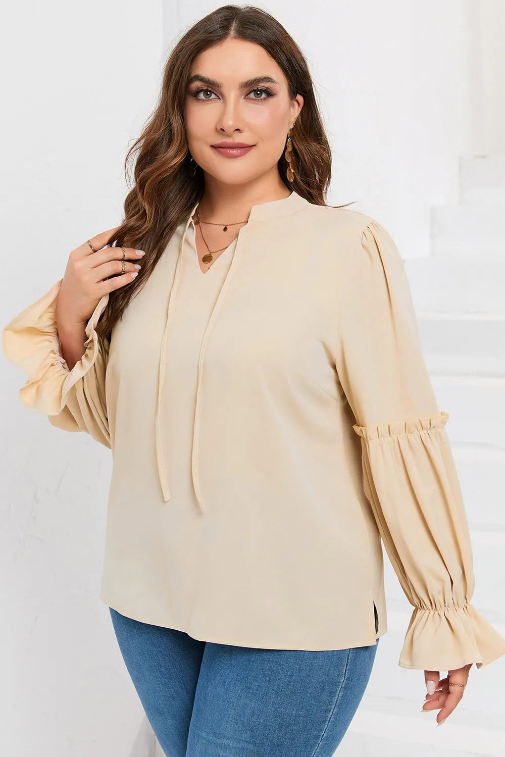 Plus Size Ruffled Tie Neck Flounce Sleeve Blouse - Premium Plus Size Shirts from Trendsi - Just $27! Shop now at Handbags Specialist Headquarter