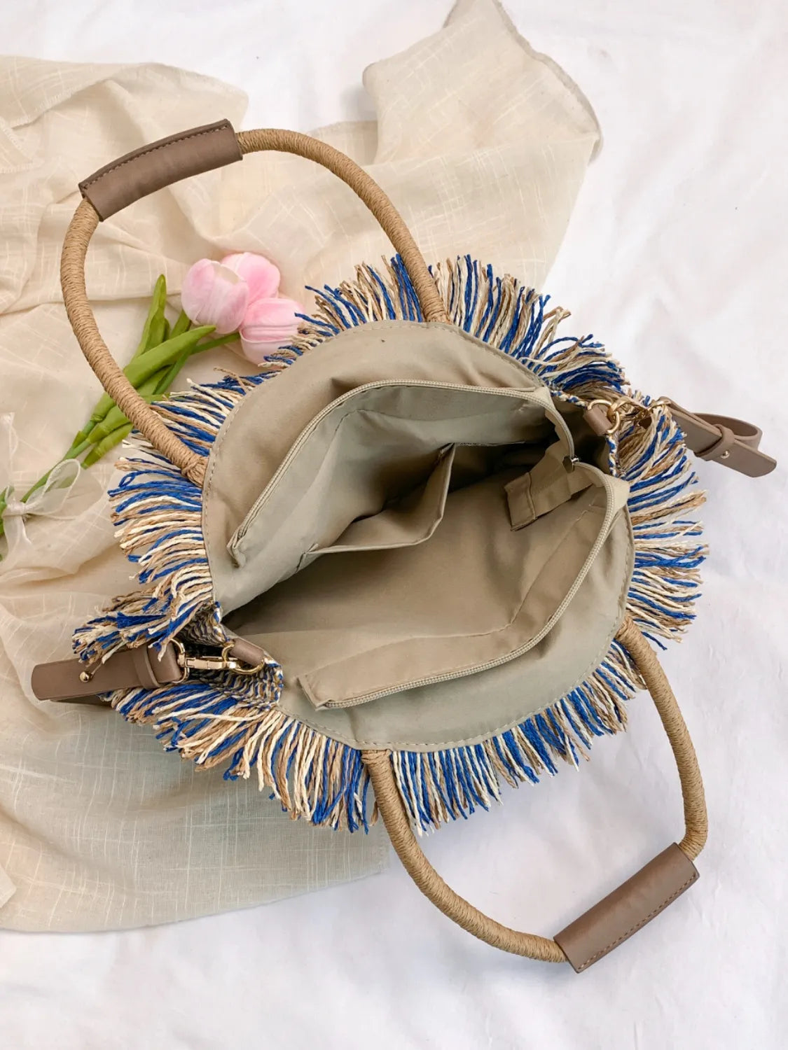 Round Woven Straw Tassel Handbag - Premium handbags from Trendsi - Just $45.99! Shop now at Handbags Specialist Headquarter