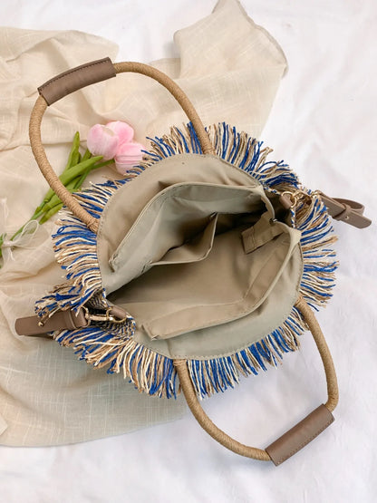 Round Woven Straw Tassel Handbag - Premium handbags from Trendsi - Just $45.99! Shop now at Handbags Specialist Headquarter
