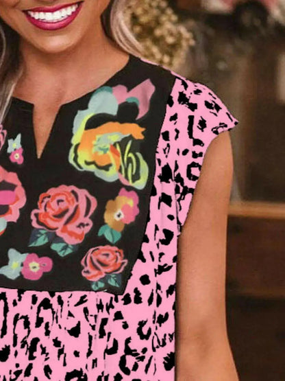 Full Size Leopard Floral Notched Cap Sleeve Blouse Plus Size.