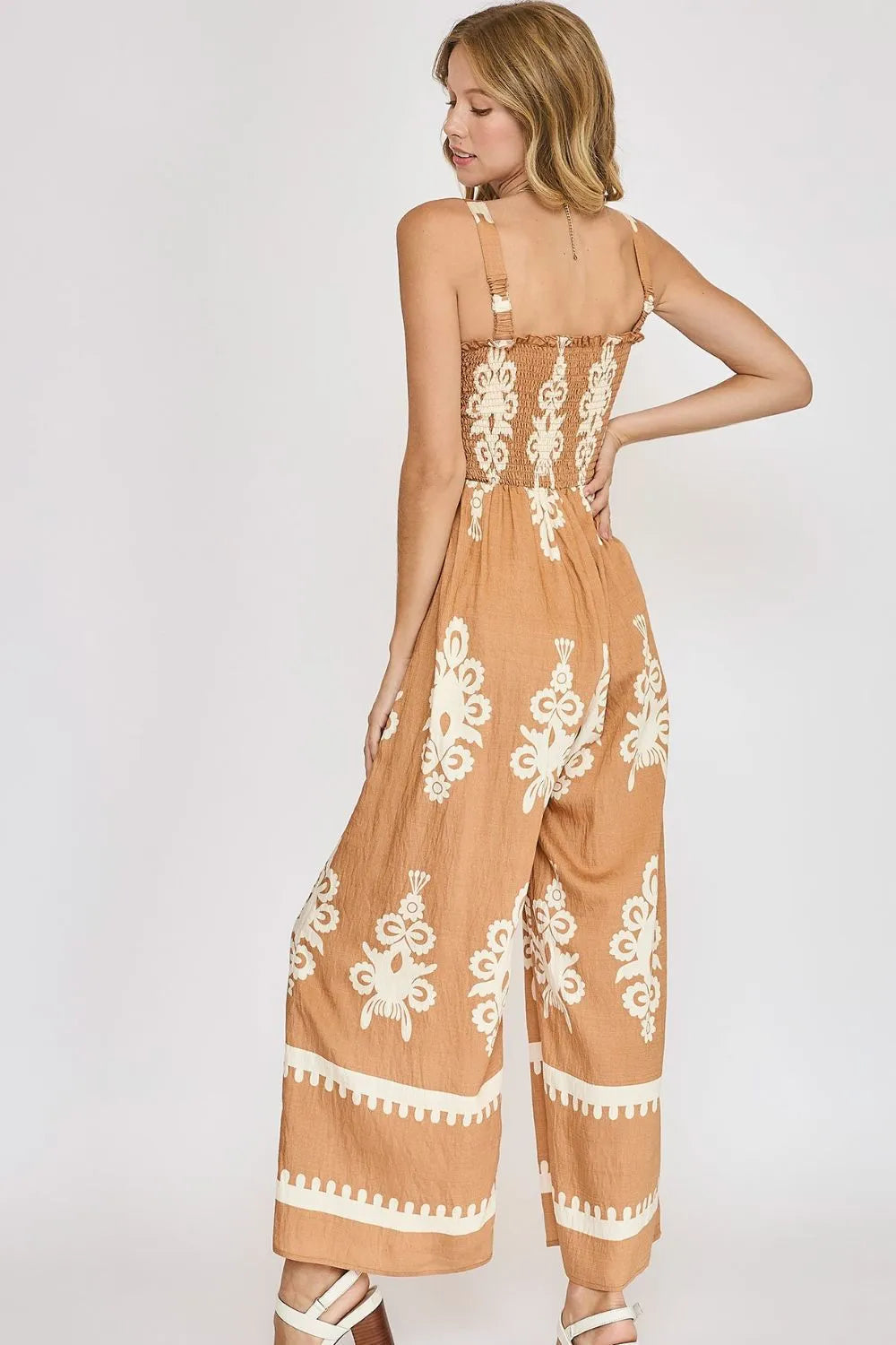 Umgee Full Size Smocked Printed Wide Leg Jumpsuit Plus Size - Premium Dresses from Trendsi - Just $55.99! Shop now at Handbags Specialist Headquarter