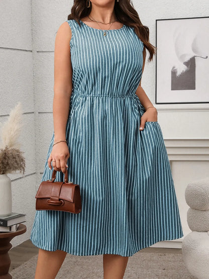 Plus Size Striped Round Neck Sleeveless Dress - Premium Dresses from Trendsi - Just $40.99! Shop now at Handbags Specialist Headquarter