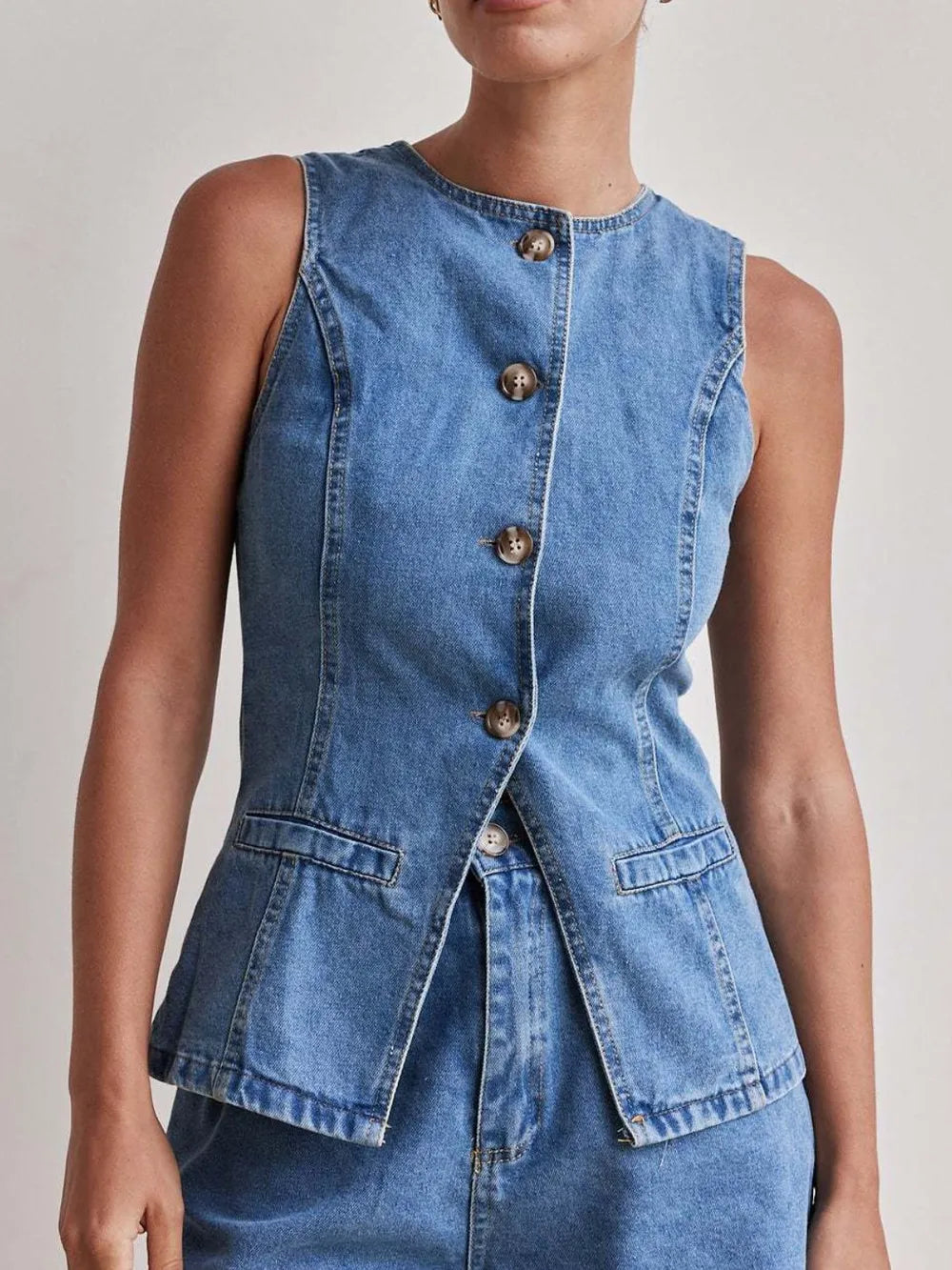 Button Down Denim Vest - Premium Women / Jeans & Denim from Trendsi - Just $34.56! Shop now at Handbags Specialist Headquarter