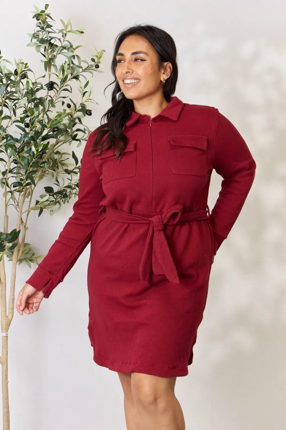 Culture Code Full Size Tie Front Half Zip Long Sleeve Shirt Dress - Premium Dresses from Trendsi - Just $37.99! Shop now at Handbags Specialist Headquarter