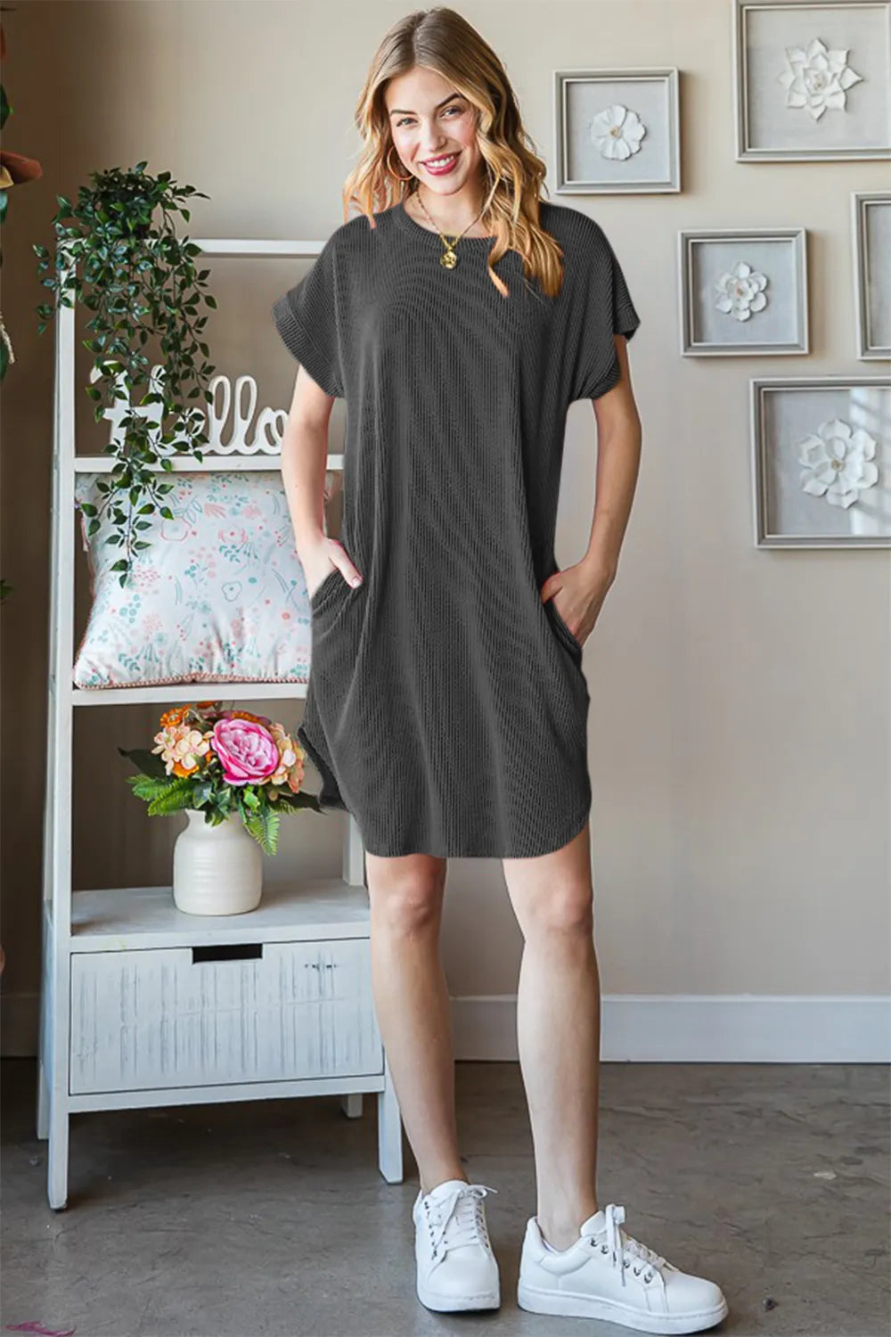 Heimish Full Size Ribbed Round Neck Short Sleeve Tee Dress - Premium Dresses from Trendsi - Just $36.99! Shop now at Handbags Specialist Headquarter