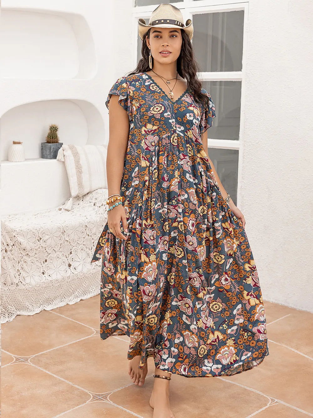 Plus Size Ruffled Printed Cap Sleeve Dress - Premium Dresses from Trendsi - Just $43.99! Shop now at Handbags Specialist Headquarter