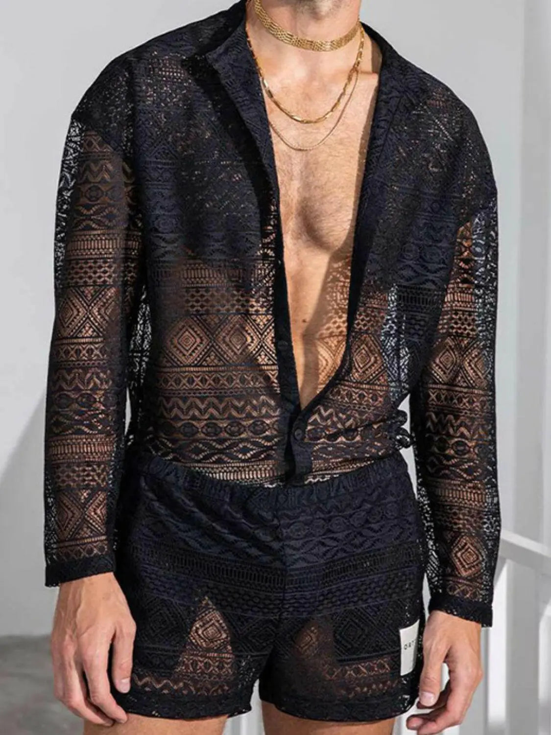 Men's Full Size Lace Button Down Top and Shorts Set Plus Size.