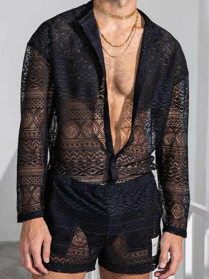Men's Full Size Lace Button Down Top and Shorts Set Plus Size.