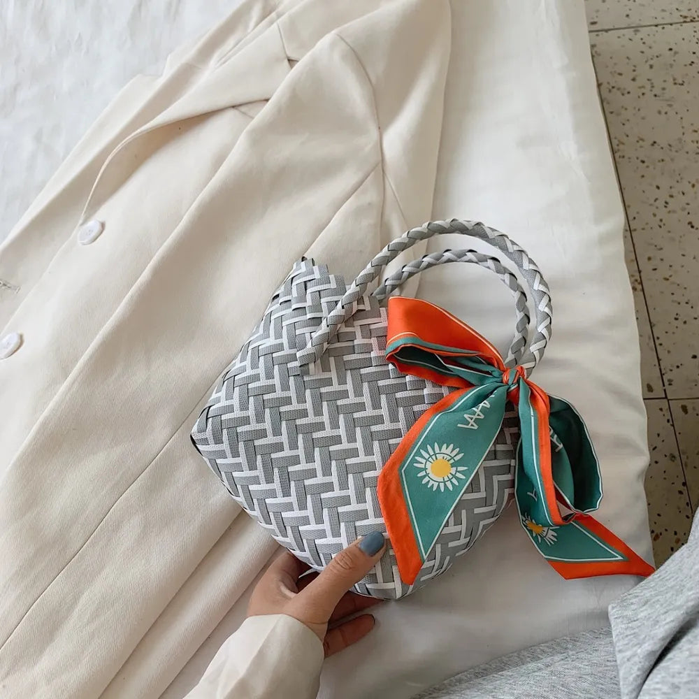 Contrast Woven Handbag with Ribbon - Premium Tote Bag from Trendsi - Just $39.99! Shop now at Handbags Specialist Headquarter