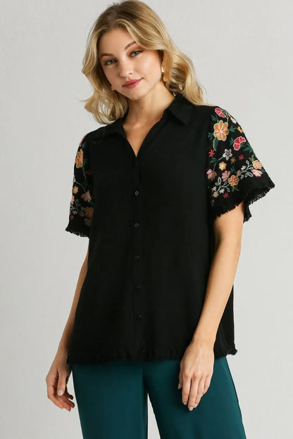 Umgee Full Size Linen Shirt with Embroidered Sleeves Plus Size - Premium Dresses from Trendsi - Just $60.99! Shop now at Handbags Specialist Headquarter