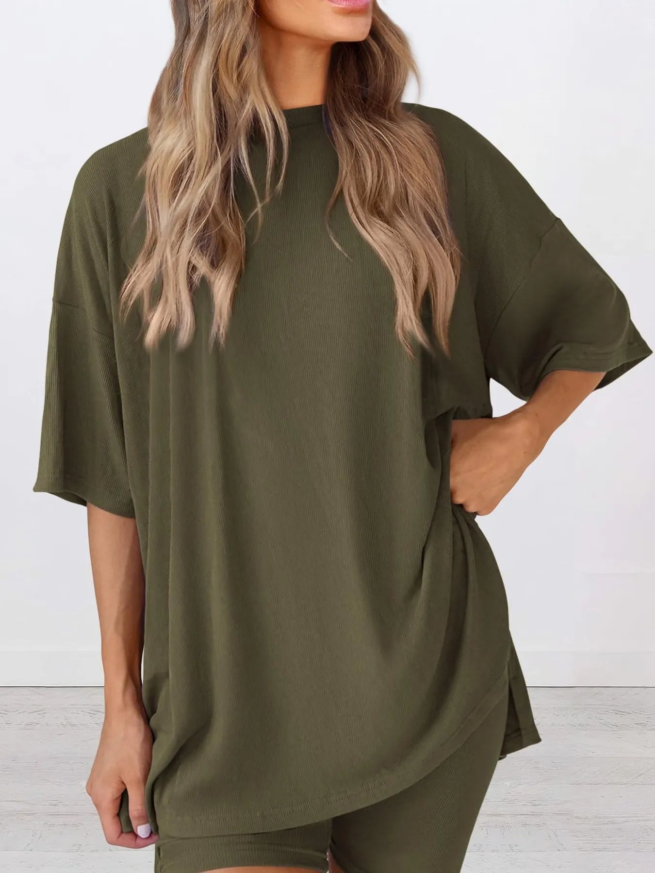Full Size Oversized Slit Round Neck Top and Shorts Lounge Set Plus Size - Premium Sleepwear from Trendsi - Just $28.99! Shop now at Handbags Specialist Headquarter