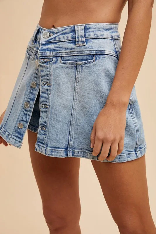Annie Wear Button Detail Stretch Denim Wrap Mini Skort - Premium Skirts from Trendsi - Just $39.99! Shop now at Handbags Specialist Headquarter