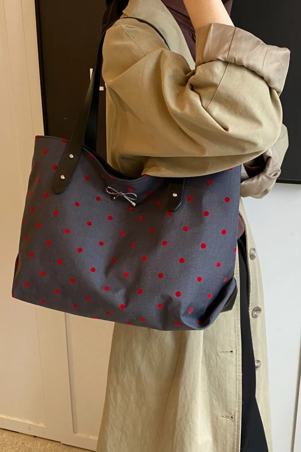 Polyester Bow Polka Dot Tote Bag - Premium Tote Bag from Trendsi - Just $39.99! Shop now at Handbags Specialist Headquarter