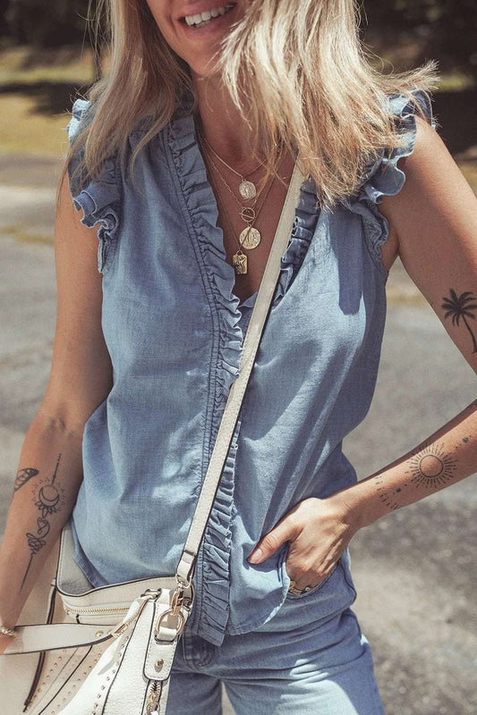 Frilly Ruffle Trim V Neck Chambray Tank - Premium Women / Jeans & Denim from Trendsi - Just $39.66! Shop now at Handbags Specialist Headquarter