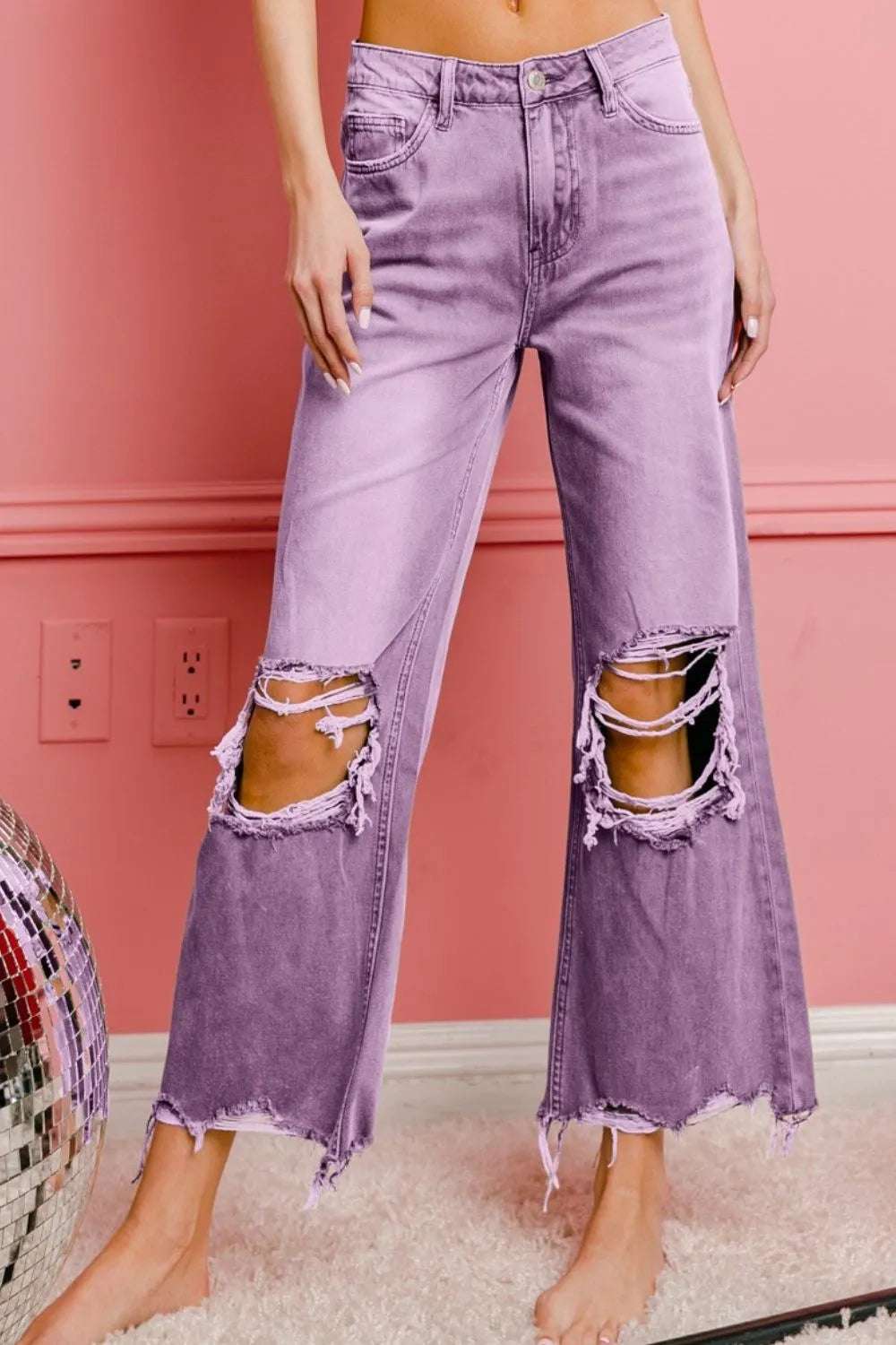 BiBi Distressed Vintage Washed Wide Leg Pants - Premium  from Trendsi - Just $51.99! Shop now at Handbags Specialist Headquarter