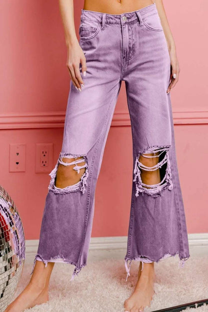 BiBi Distressed Vintage Washed Wide Leg Pants - Premium  from Trendsi - Just $51.99! Shop now at Handbags Specialist Headquarter