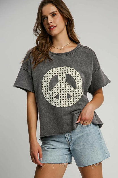 Umgee Full Size Mineral Wash T-Shirt with Lace Applique Plus Size.