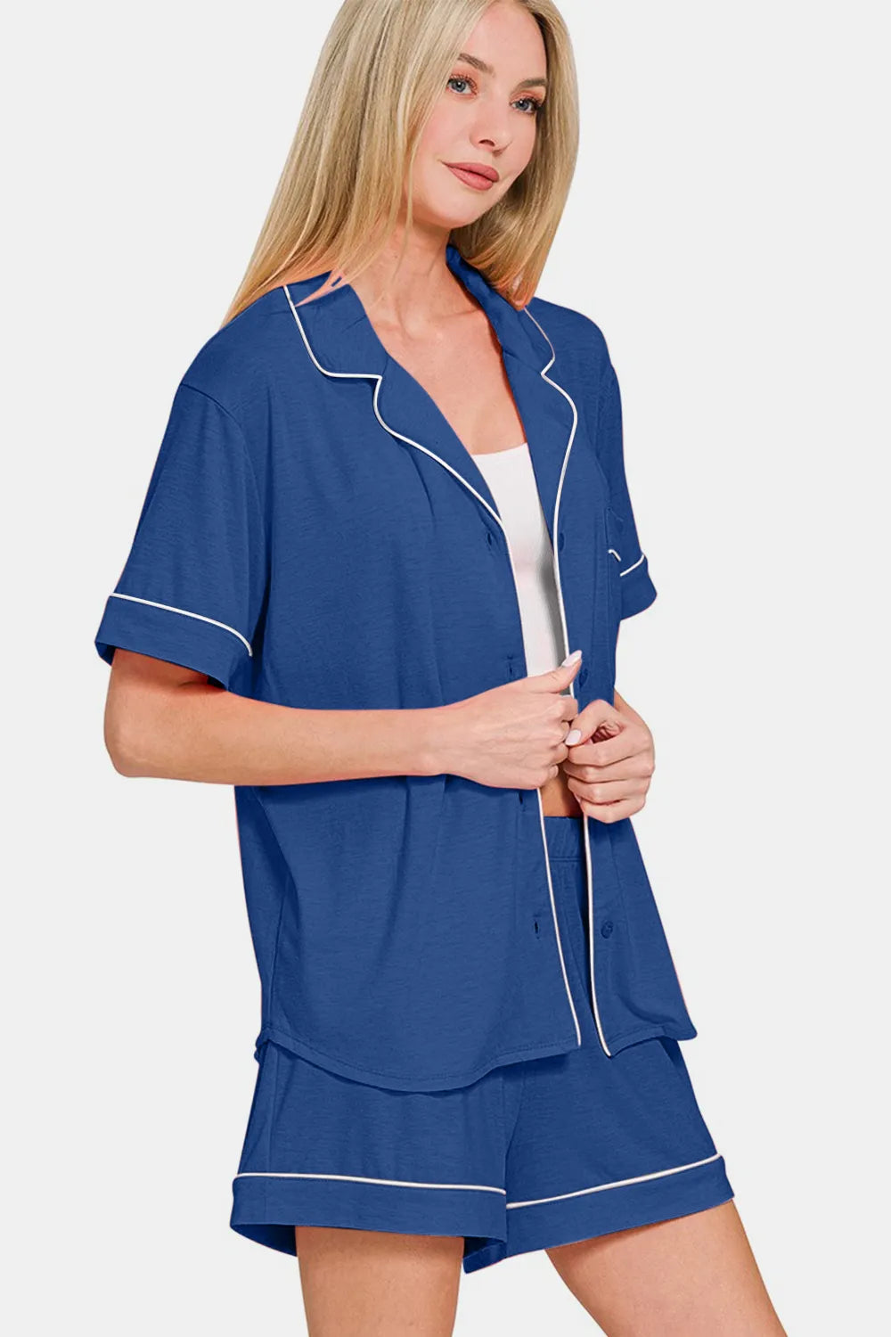 Zenana Button Down Short Sleeve Top and Shorts Lounge Set - Premium Sleepwear from Trendsi - Just $40.99! Shop now at Handbags Specialist Headquarter