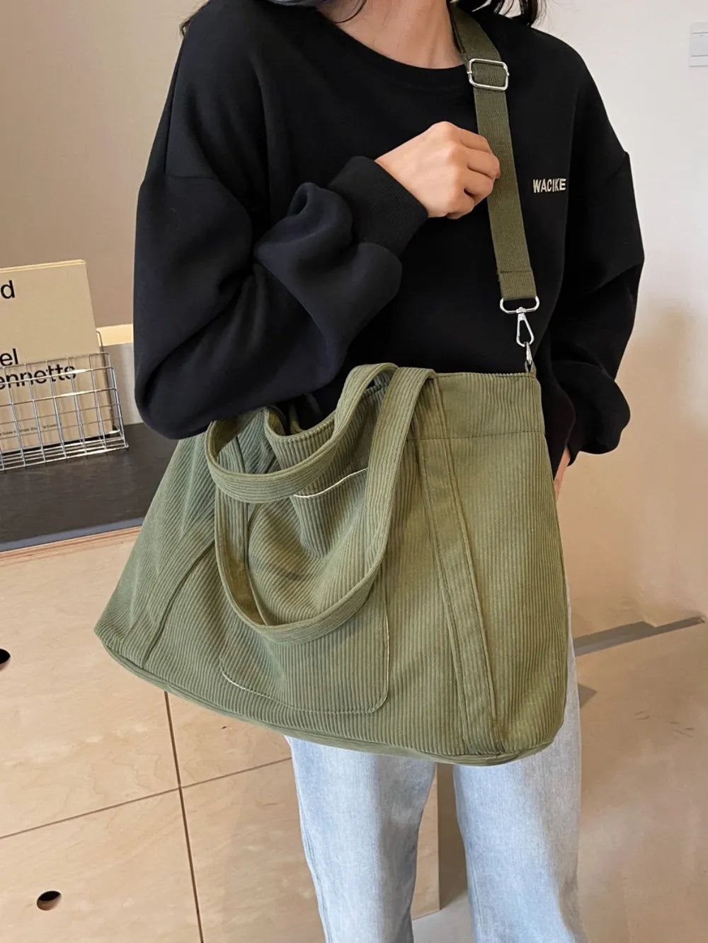 Corduroy Solid Large Tote Bag - Premium Tote Bag from Trendsi - Just $39.99! Shop now at Handbags Specialist Headquarter