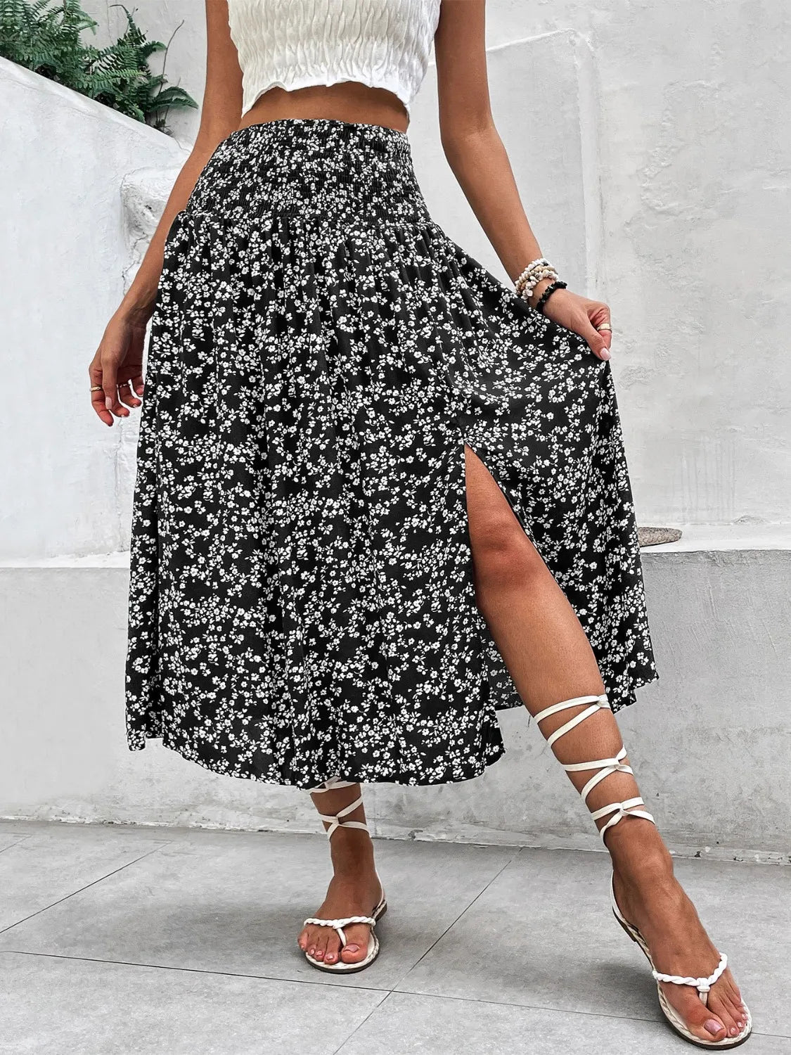 Slit Smocked Printed Skirt - Premium Skirts from Trendsi - Just $32.99! Shop now at Handbags Specialist Headquarter