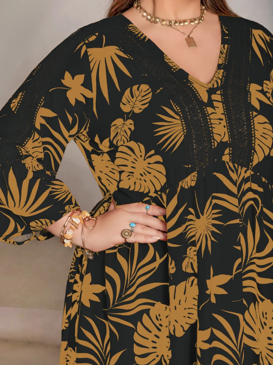 Plus Size Lace Detail Tropical Print Three-Quarter Sleeve Maxi Dress - Premium Dresses from Trendsi - Just $42.99! Shop now at Handbags Specialist Headquarter