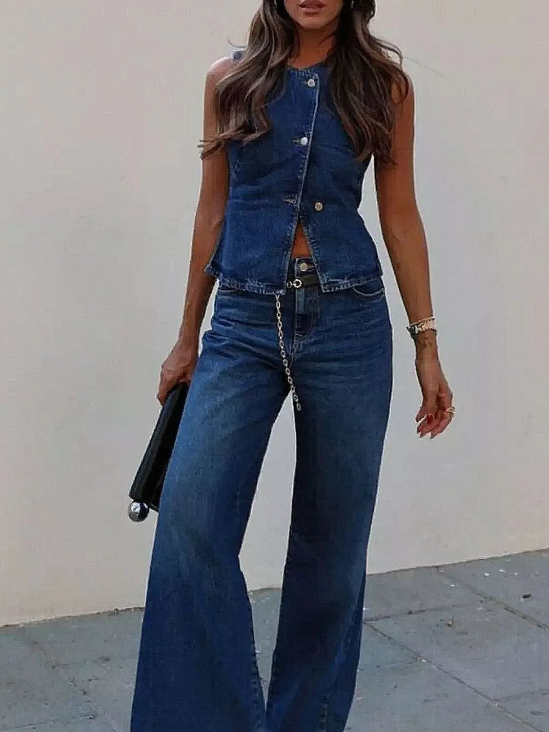 Button Down Vest and Flare Jeans Denim Set - Premium Women / Jeans & Denim from Trendsi - Just $71.50! Shop now at Handbags Specialist Headquarter