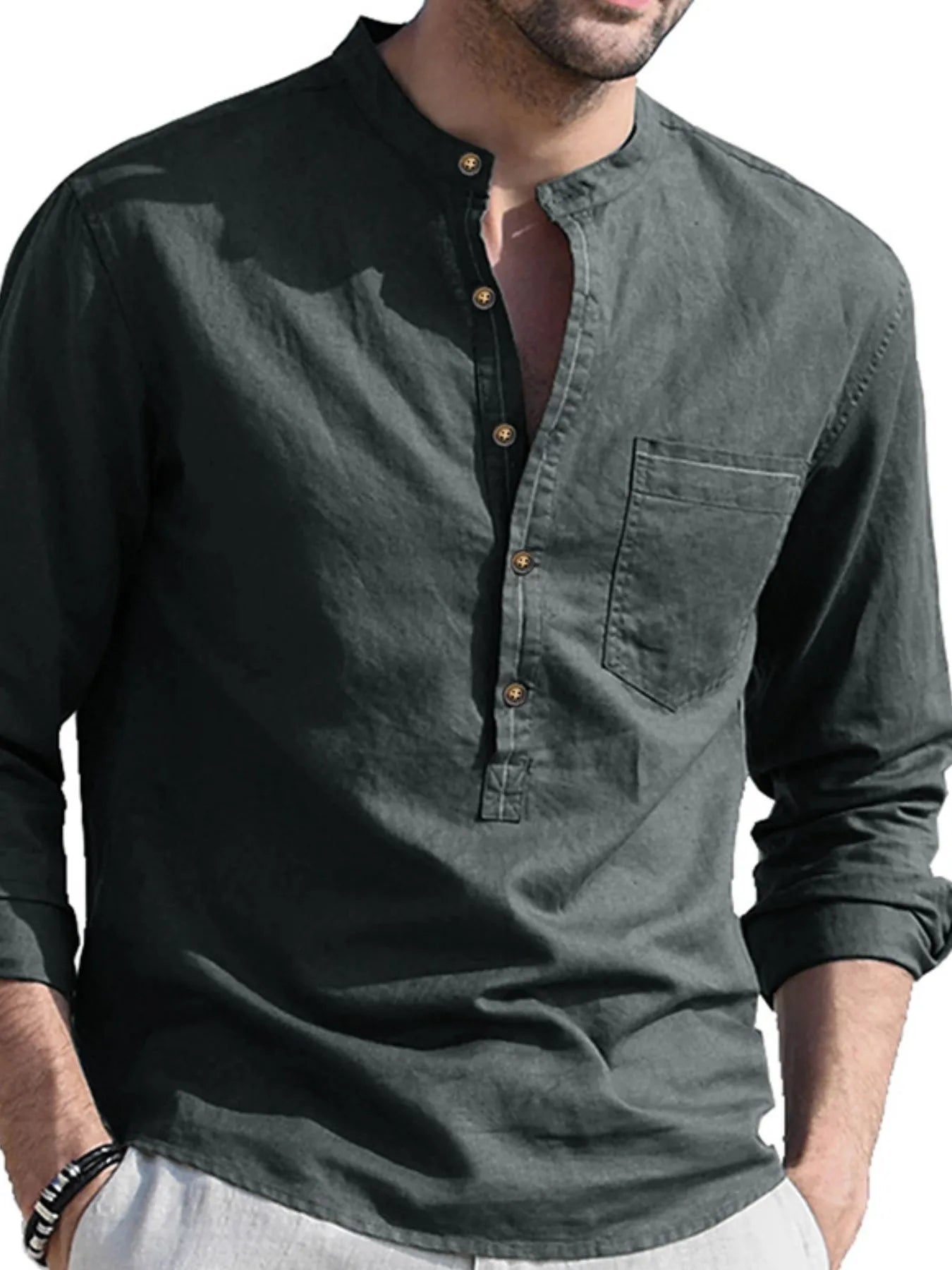 Men's Button Detail Long Sleeve Polo Shirt - Premium Men's Polo shirt from Trendsi - Just $43.99! Shop now at Handbags Specialist Headquarter