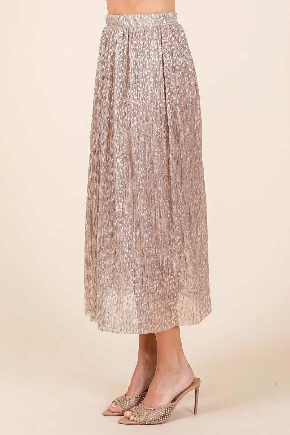 Mittoshop Metallic Glitter Speckle Print Elastic Midi Skirt - Premium Skirts from Trendsi - Just $54.99! Shop now at Handbags Specialist Headquarter