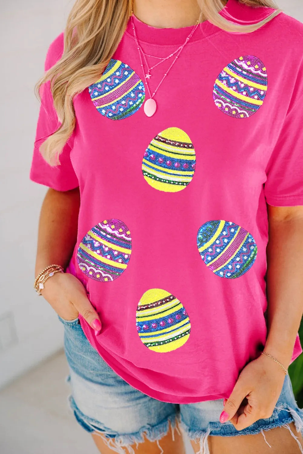 Sequin Easter Egg Short Sleeve T-Shirt - Premium Tops from Trendsi - Just $31.12! Shop now at Handbags Specialist Headquarter