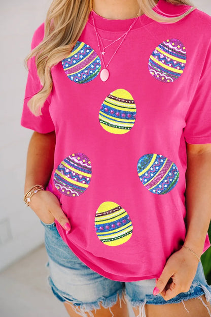 Sequin Easter Egg Short Sleeve T-Shirt - Premium Tops from Trendsi - Just $31.12! Shop now at Handbags Specialist Headquarter