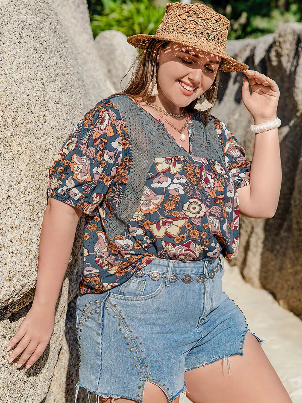 Plus Size Printed Notched Half Sleeve Blouse - Premium Plus Size Shirts from Trendsi - Just $23.26! Shop now at Handbags Specialist Headquarter