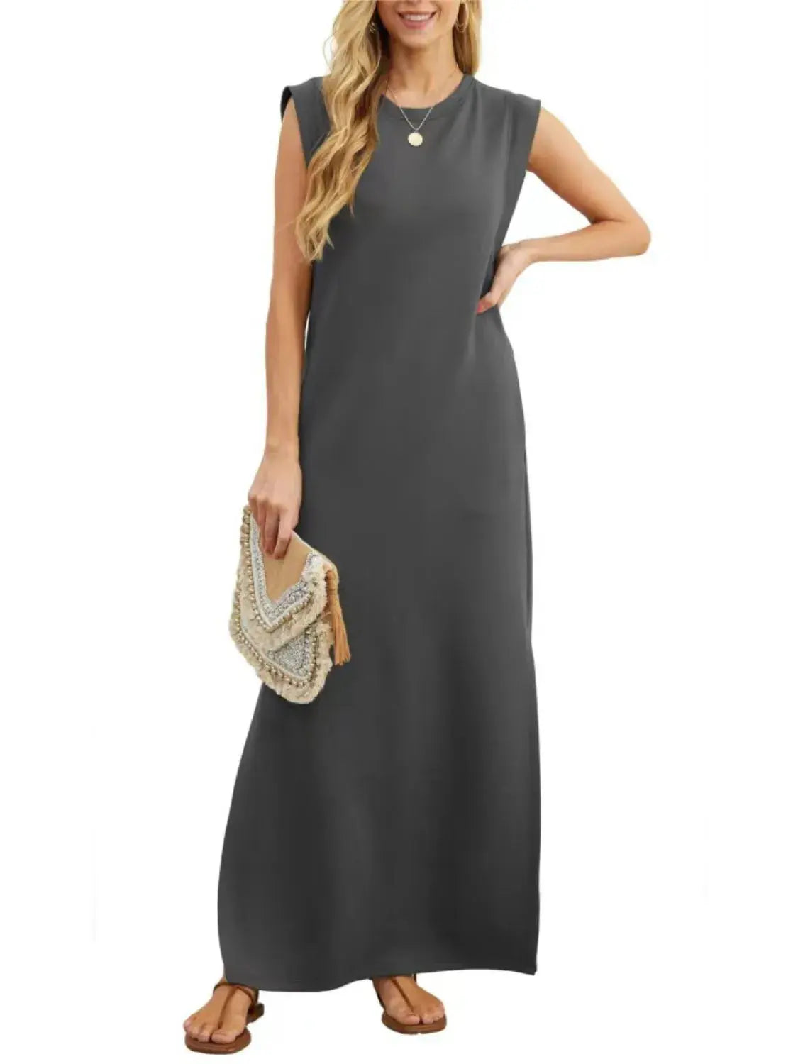 Full Size Slit Round Neck Sleeveless Maxi Tank Dress Plus Size.