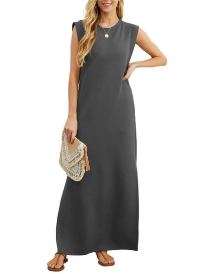 Full Size Slit Round Neck Sleeveless Maxi Tank Dress Plus Size.