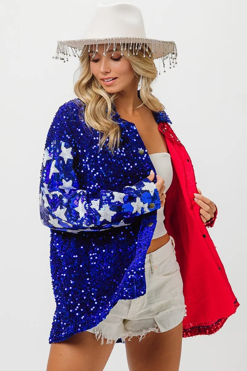 BiBi American Flag Sequin Snap Down Shirt - Premium Women / Jeans & Denim from Trendsi - Just $64.30! Shop now at Handbags Specialist Headquarter