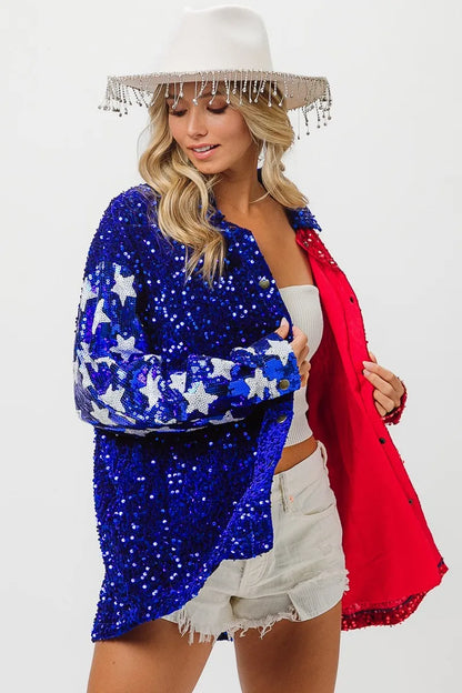 BiBi American Flag Sequin Snap Down Shirt - Premium Women / Jeans & Denim from Trendsi - Just $64.30! Shop now at Handbags Specialist Headquarter