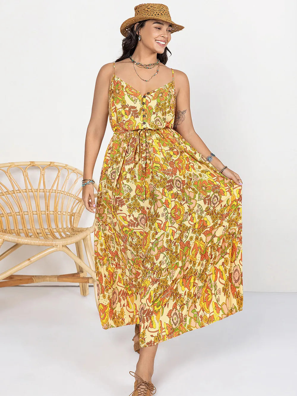 Plus Size Printed V-Neck Maxi Cami Dress - Premium Dresses from Trendsi - Just $42.99! Shop now at Handbags Specialist Headquarter