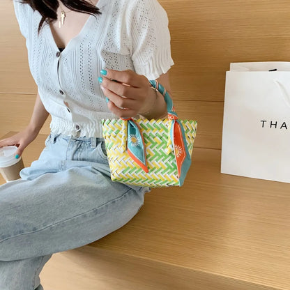 Contrast Woven Handbag with Ribbon - Premium Tote Bag from Trendsi - Just $39.99! Shop now at Handbags Specialist Headquarter