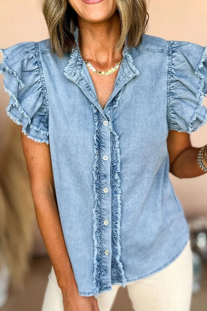 Button Down Raw Hem Ruffled Denim Shirt - Premium Women / Jeans & Denim from Trendsi - Just $43.76! Shop now at Handbags Specialist Headquarter