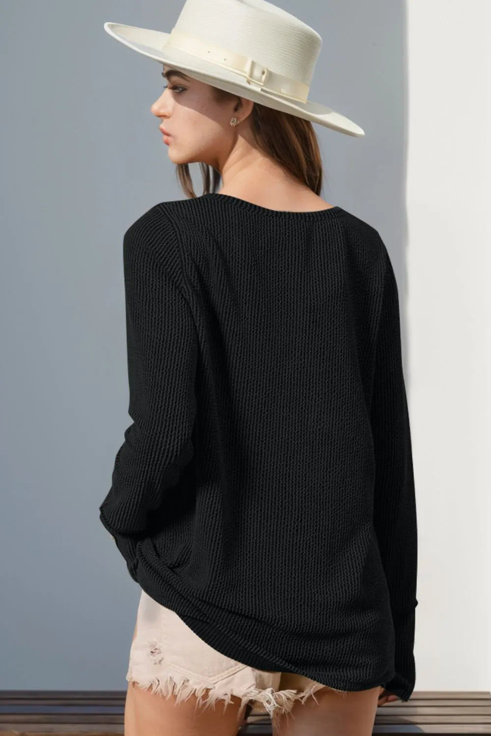 Double Take Full Size Notched Thumbhole Long Sleeve T-Shirt - Premium Tops from Trendsi - Just $25.88! Shop now at Handbags Specialist Headquarter