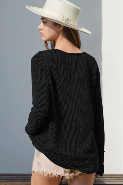 Double Take Full Size Notched Thumbhole Long Sleeve T-Shirt - Premium Tops from Trendsi - Just $25.88! Shop now at Handbags Specialist Headquarter