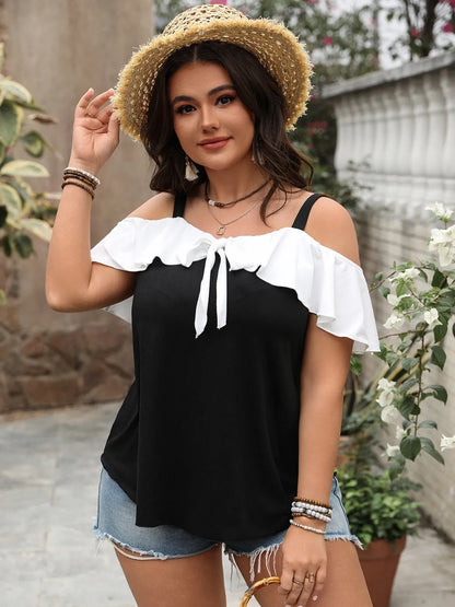 Plus Size Ruffled Contrast Short Sleeve Blouse - Premium Plus Size Shirts from Trendsi - Just $22.50! Shop now at Handbags Specialist Headquarter
