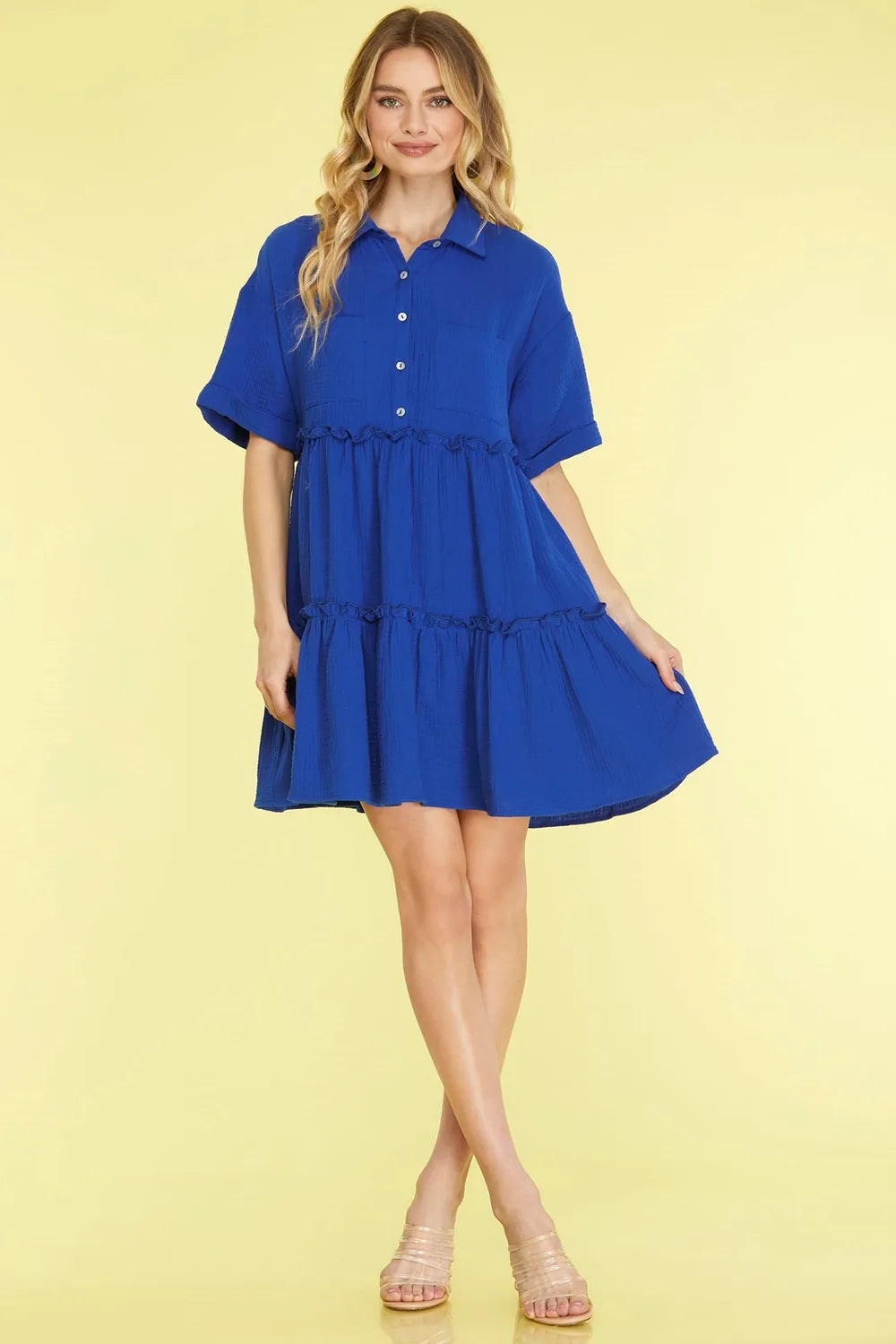 She + Sky Full Size Button Front Frill Tiered Mini Dress Plus Size - Premium Dresses from Trendsi - Just $51.99! Shop now at Handbags Specialist Headquarter