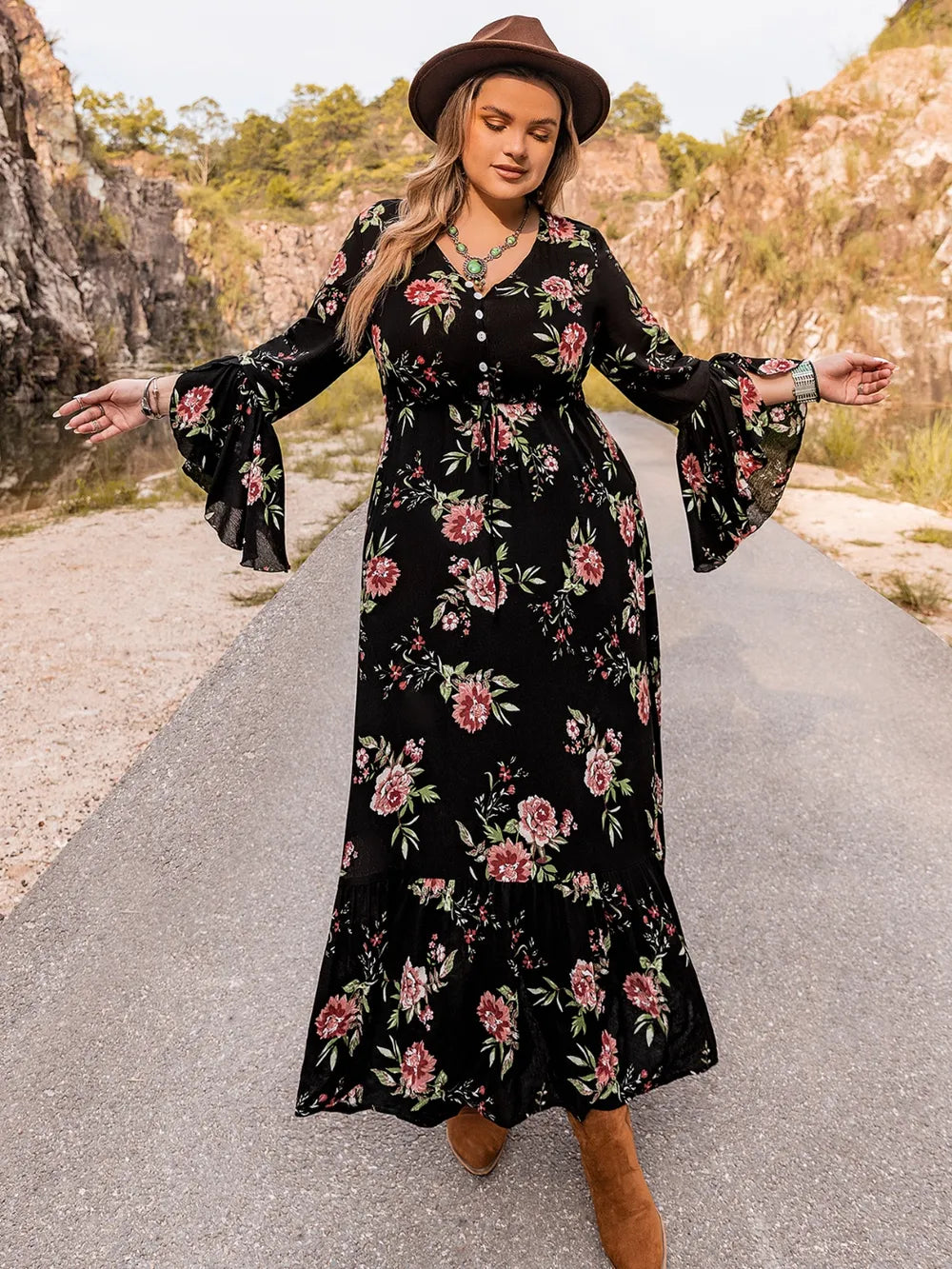 Plus Size Floral Flare Sleeve Dress - Premium Dresses from Trendsi - Just $53.99! Shop now at Handbags Specialist Headquarter