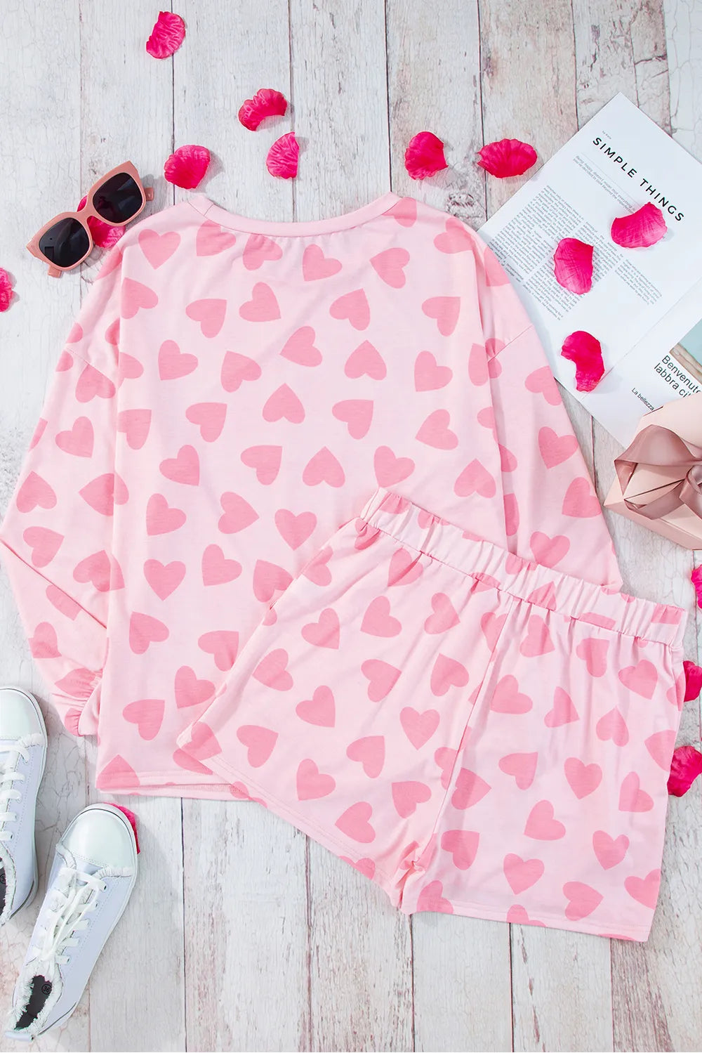 Heart Print Long Sleeve Top and Shorts Lounge Set - Premium Sleepwear from Trendsi - Just $37.99! Shop now at Handbags Specialist Headquarter