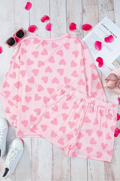 Heart Print Long Sleeve Top and Shorts Lounge Set - Premium Sleepwear from Trendsi - Just $37.99! Shop now at Handbags Specialist Headquarter