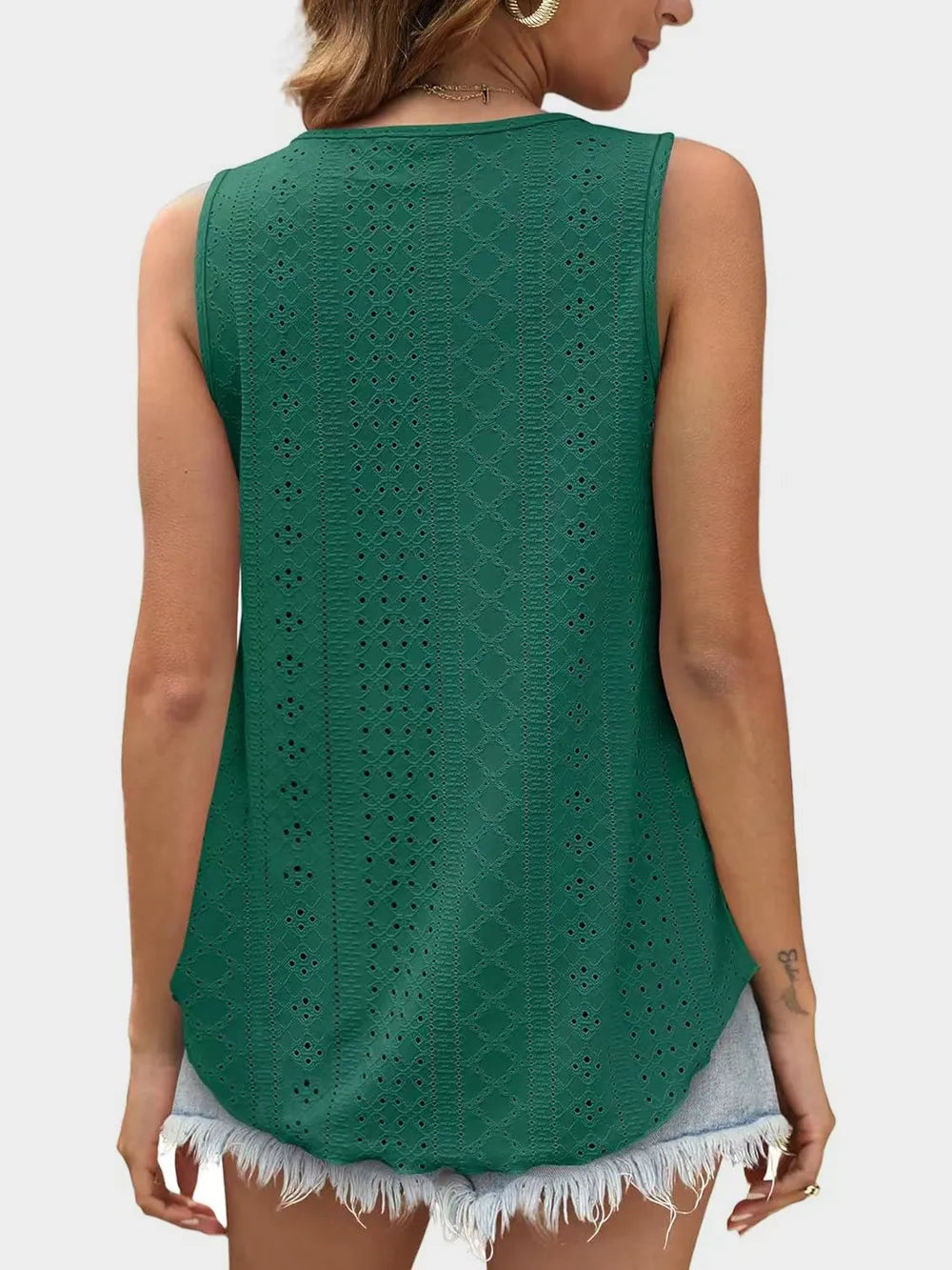 Florira Eyelet Round Neck Tank - Premium Tops from Trendsi - Just $18.22! Shop now at Handbags Specialist Headquarter