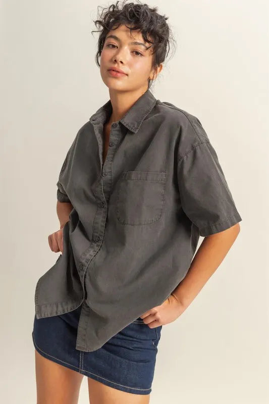 HYFVE Short Sleeve Button Down Oversized Shirt - Premium Women's Down Shirt Tops from Trendsi - Just $34.34! Shop now at Handbags Specialist Headquarter